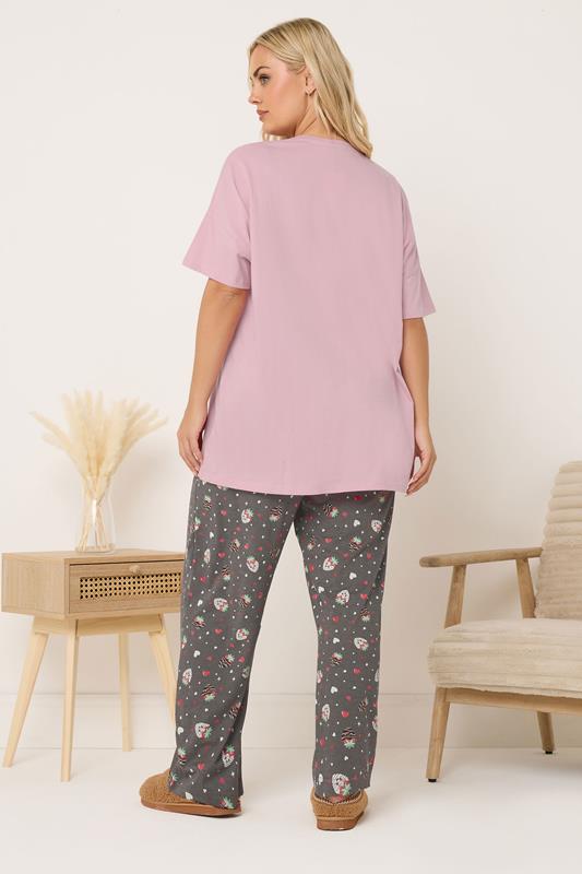 YOURS Plus Size Pink 'Berry Sweet' Wide Leg Pyjama Set | Yours Clothing 2