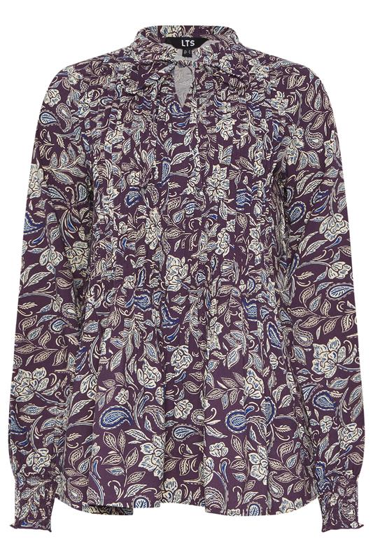 LTS Tall Purple Floral Tie Neck Pintuck Blouse | Long Tall Sally 5