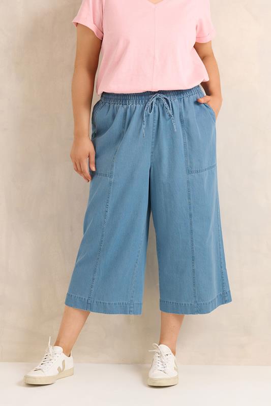  EVANS Curve Mid Blue Cropped Pull On Cotton Trousers