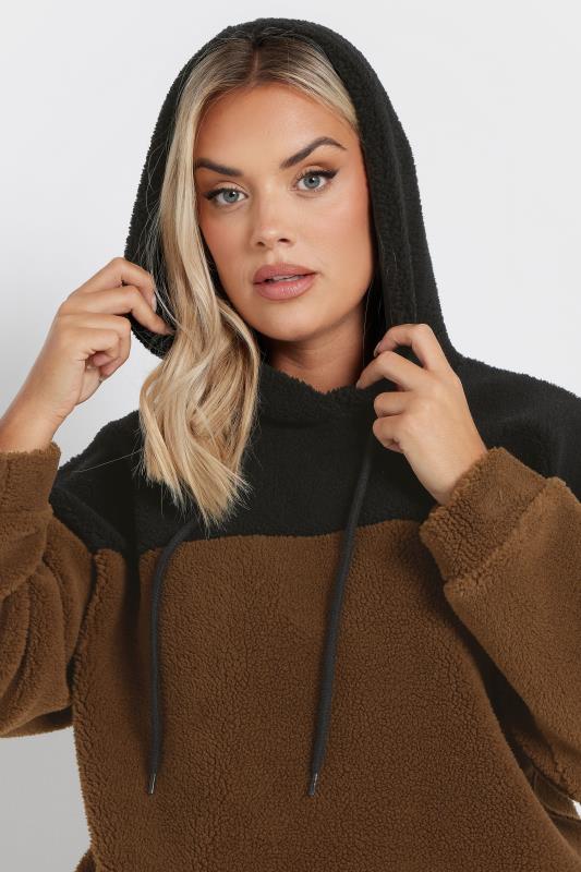 YOURS Plus Size Brown & Black Colourblock Teddy Fleece Hoodie | Yours Clothing  5