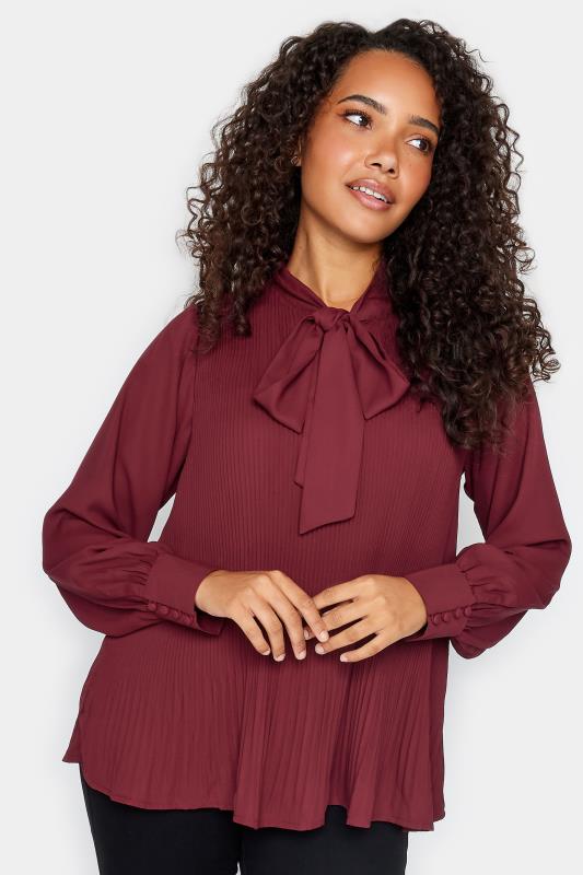 Women's  M&Co Burgundy Red Pleated Bow Neck Blouse