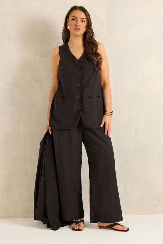 EVANS Curve Chocolate Brown Tailored Linen Trousers