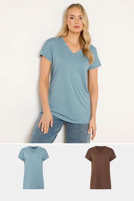 LTS Tall 2 PACK Blue & Chocolate Brown V-Neck T-Shirts
