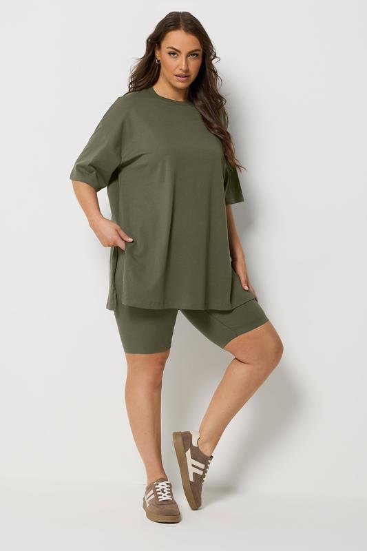 YOURS Plus Size Khaki Green Side Split Longline T-Shirt | Yours Clothing 2