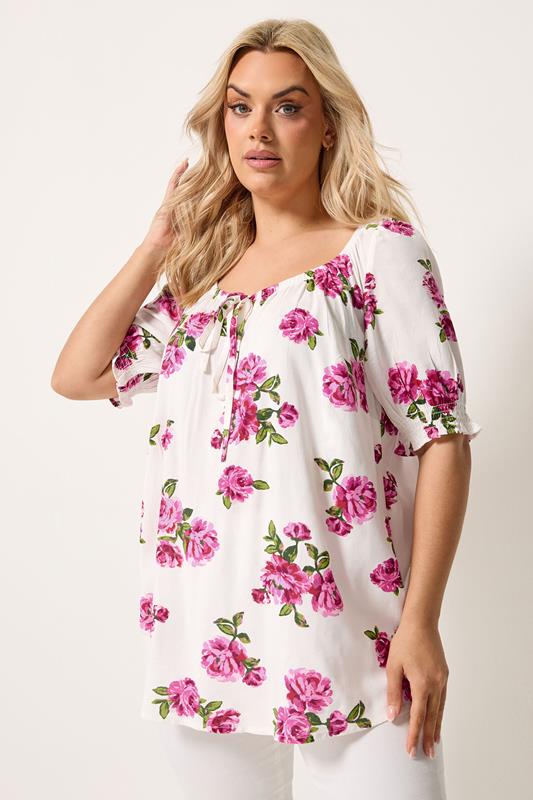 YOURS Plus Size White Floral Print Puff Sleeve Top | Yours Clothing 1