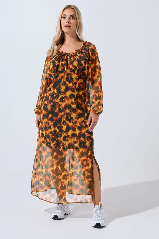 LIMITED COLLECTION Plus Size Brown Tortoiseshell Ruffle Maxi Dress | Yours Clothing 1