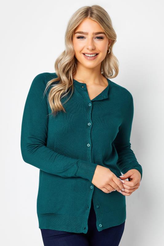 Women's  M&Co Teal Green Button Up Ribbed Shoulder Cardigan