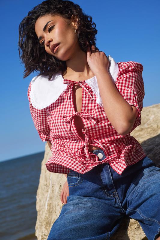 PixieGirl Petite Red Gingham Tie Front Collar Cotton Peplum Top