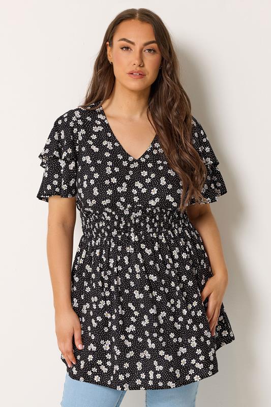 YOURS Plus Size Black Daisy Flutter Sleeve Top | Yours Clothing 1