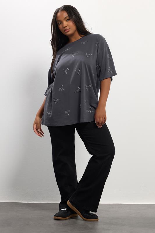 YOURS Plus Size Grey Embellished Bow Oversized T-Shirt | Yours Clothing 2