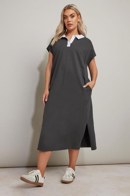 YOURS Plus Size Charcoal Grey Jersey Collar Grown-On Sleeve Dress | Yours Clothing 1