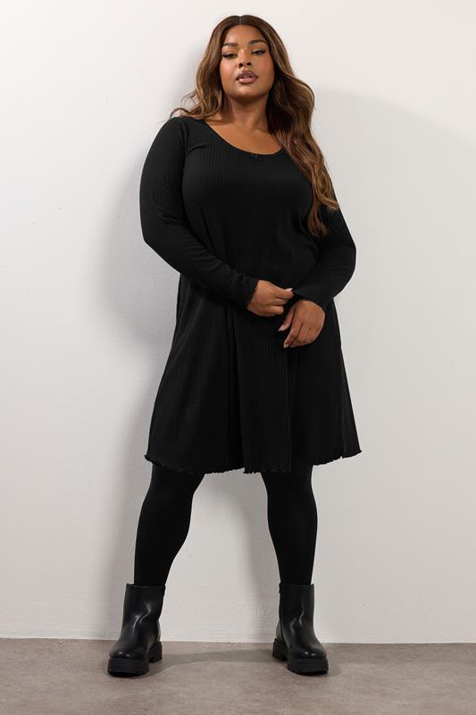 YOURS Plus Size Black Ribbed Tunic Mini Dress | Yours Clothing 1