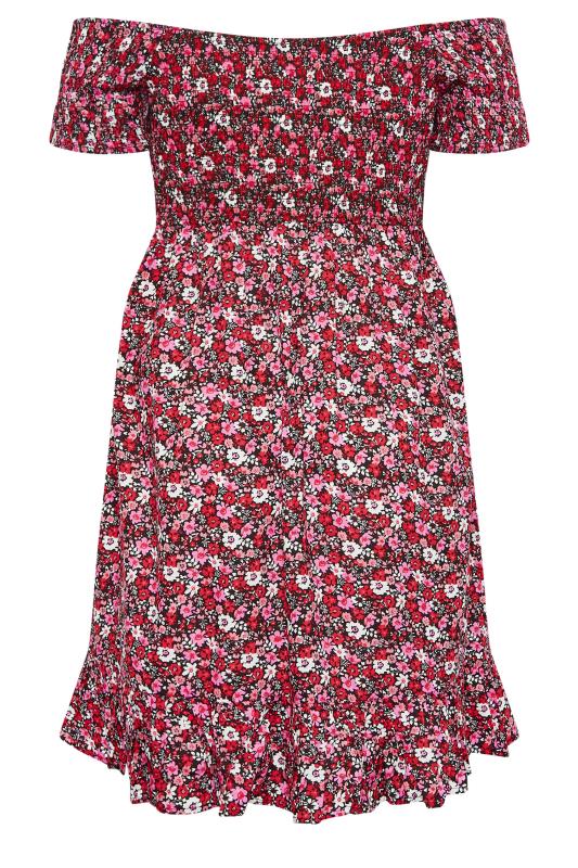 YOURS Plus Size Curve Pink Floral Shirred Bardot Mini Dress | Yours Clothing  7