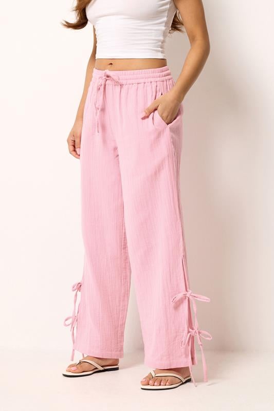 PixieGirl Petite Women's Pink Tie Detail Cotton Cheesecloth Wide Leg Trousers | PixieGirl 1