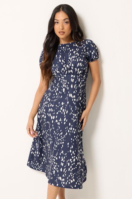 PixieGirl Petite Navy Blue Spot Print Midi Dress