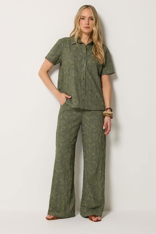  LTS Tall Set Olive Green Floral Embroidered Shirt & Trousers
