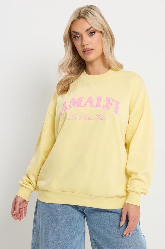 YOURS Curve Yellow 'Amalfi' Embroidered Slogan Sweatshirt