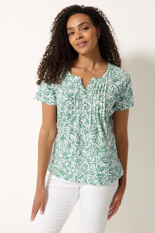  M&Co Green Abstract Print Cotton Henley Top