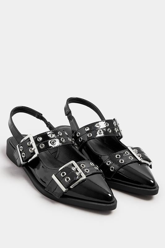  Yours Black Buckle Detail Pointed Slingback Flats In Wide E Fit