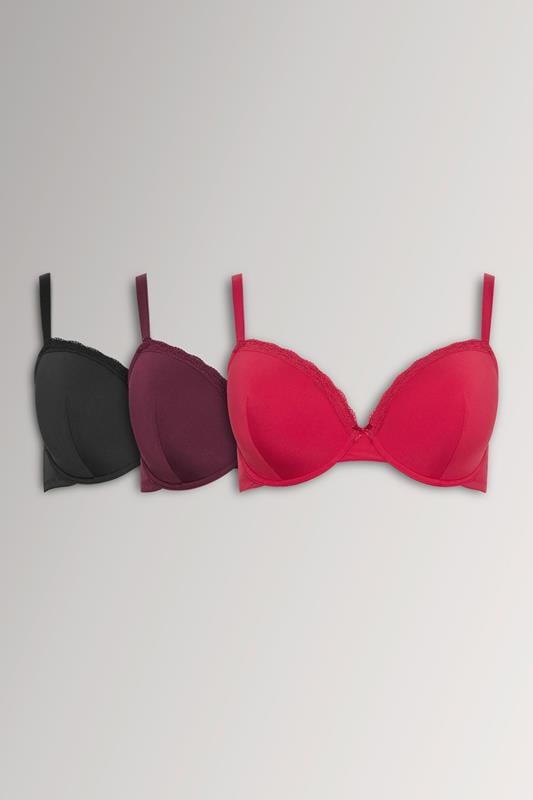 YOURSET 3 PACK Curve Red & Purple Lace Trim Padded Bras