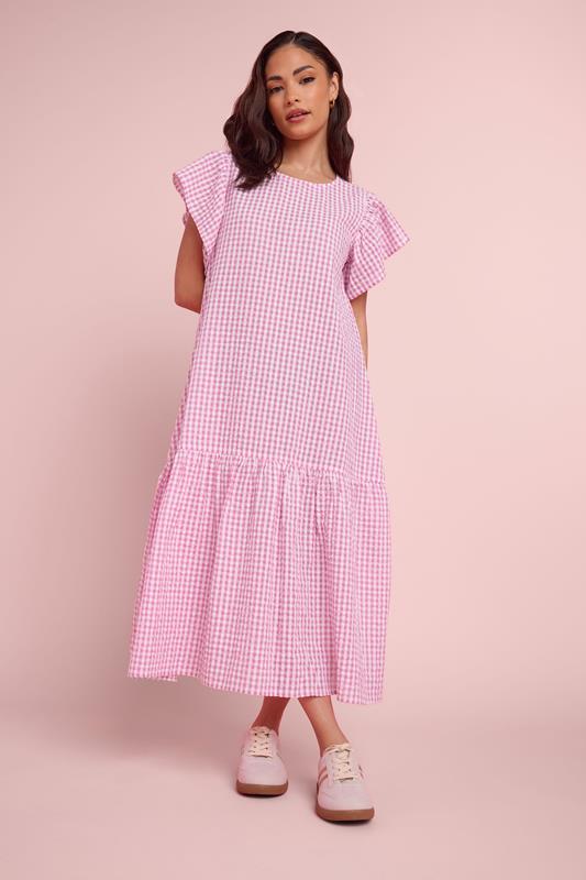 PixieGirl Petite Women's Pink Gingham Drop Waist Midi Dress | PixieGirl 1