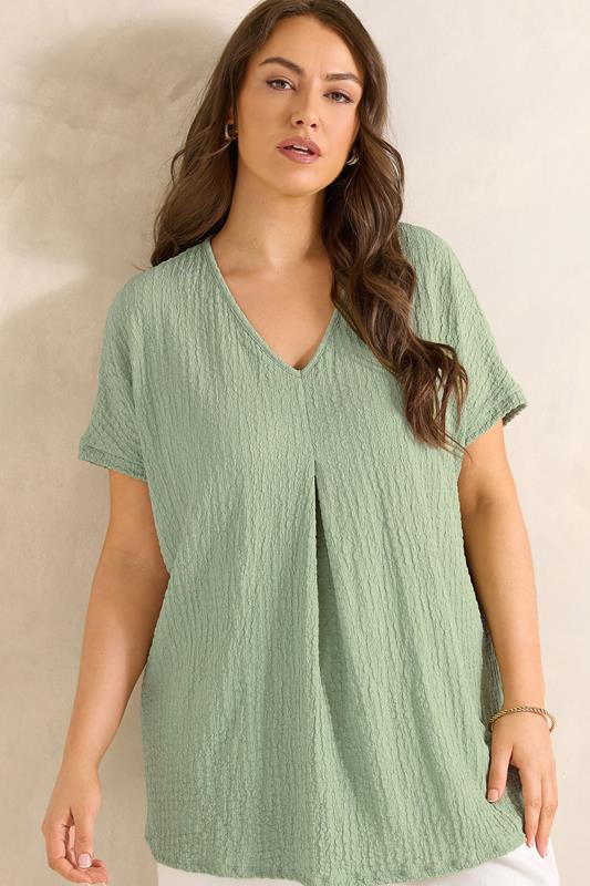 EVANS Curve Sage Green Plisse Pleat Top