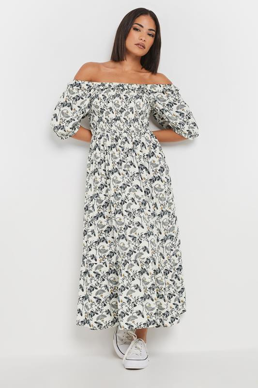 PixieGirl Petite Women's White Paisley Floral Tiered Bardot Dress | PixieGirl 1
