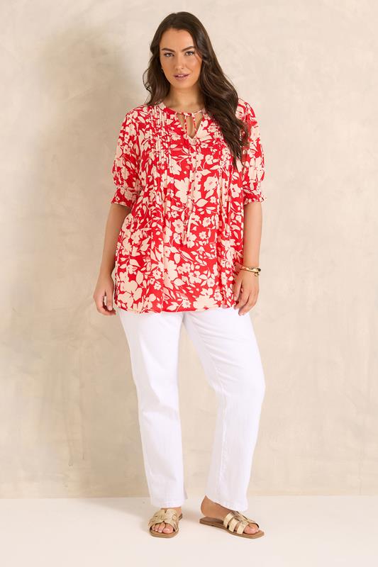 EVANS Plus Size Red Floral Pintuck Tie Neck Blouse | Evans 2