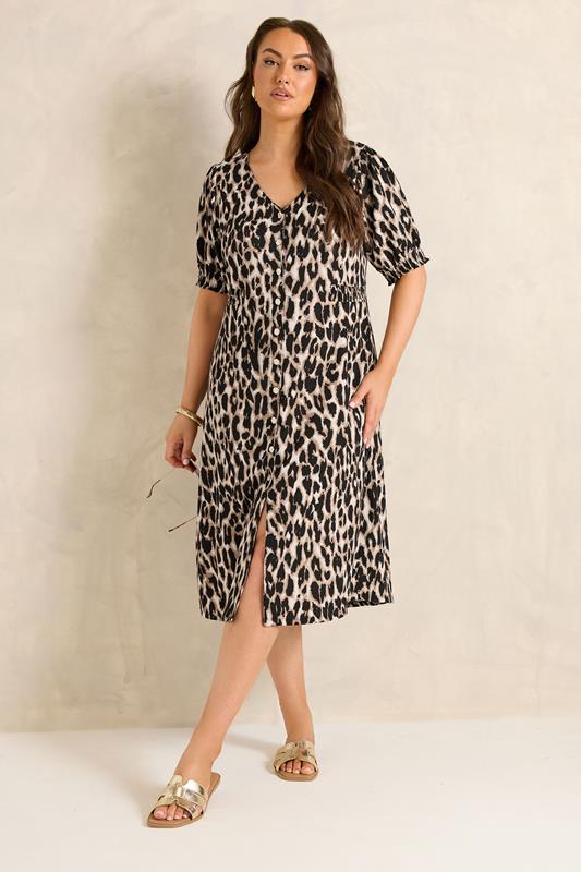 EVANS Plus Size Brown Button Through Animal Print Midi Dress | Evans 1