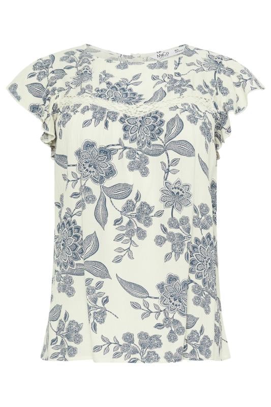M&Co Petite Ivory & Blue Floral Print Lace Insert Top | M&Co 5