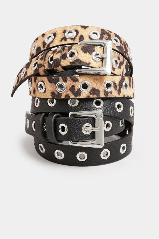 2 PACK Black & Beige Brown Animal Print Eyelet Detail Belts | Yours Clothing 4