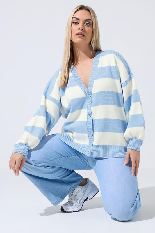 LIMITED COLLECTION Plus Size Blue & White Stripe Knitted Cardigan | Yours Clothing 1