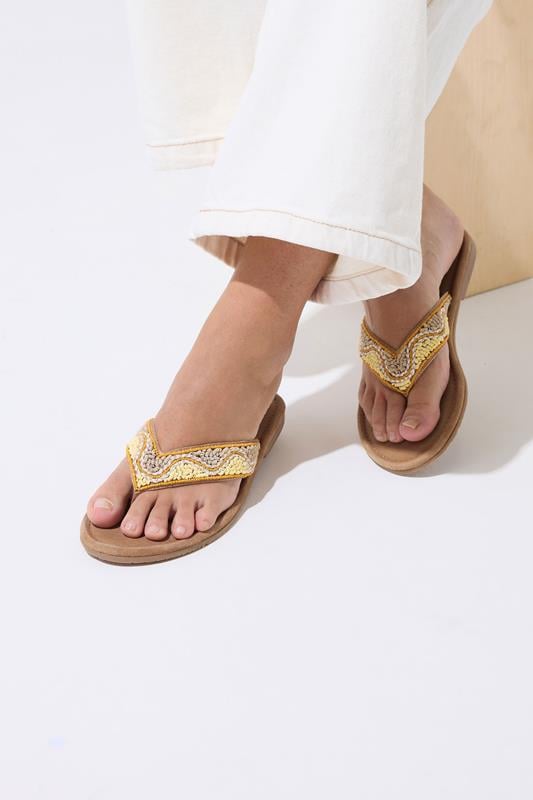 Natural Brown Faux Suede Beaded Sandals In Extra Wide E Fit