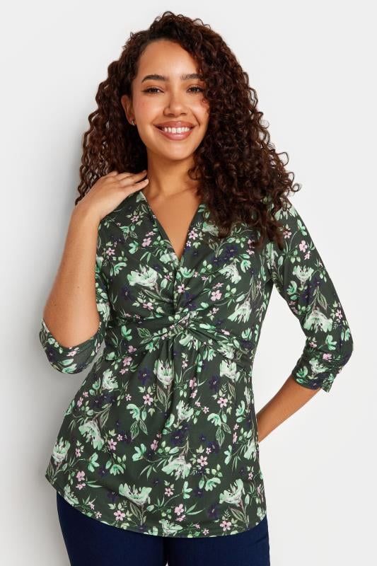 Women's  M&Co Green Floral Print Twist Front Top