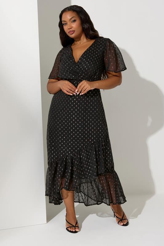 YOURS LONDON Plus Size Black Metallic Dobby Wrap Dress | Yours Clothing  1