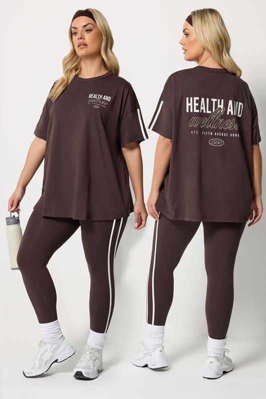 YOURS ACTIVE Plus Size Chocolate Brown 'Health & Wellness' T-Shirt | Yours Clothing 1