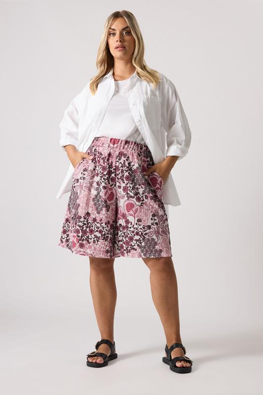 YOURS Plus Size Pink Paisley Print Textured Shorts | Yours Clothing 1