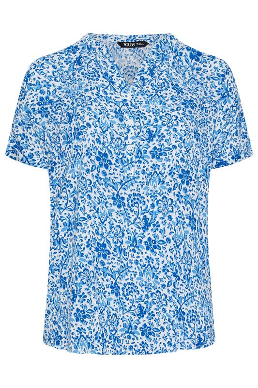 YOURS Plus Size Blue Crinkle Floral Notch Neck Top | Yours Clothing 5