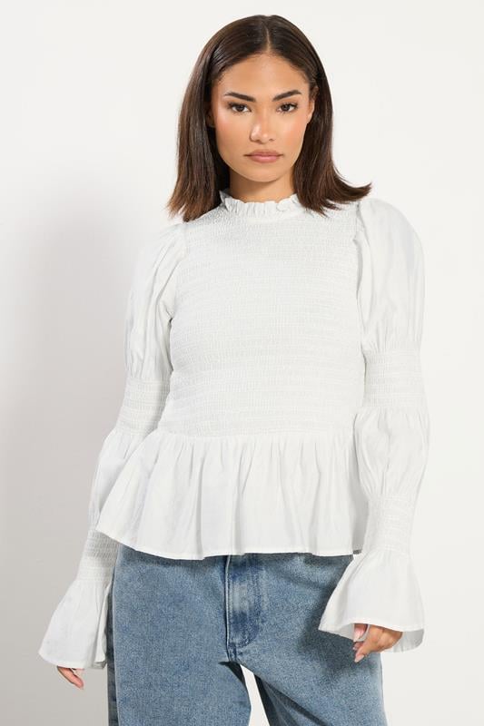 PixieGirl Petite Women's White Shirred Peplum Smock Top | PixieGirl 7
