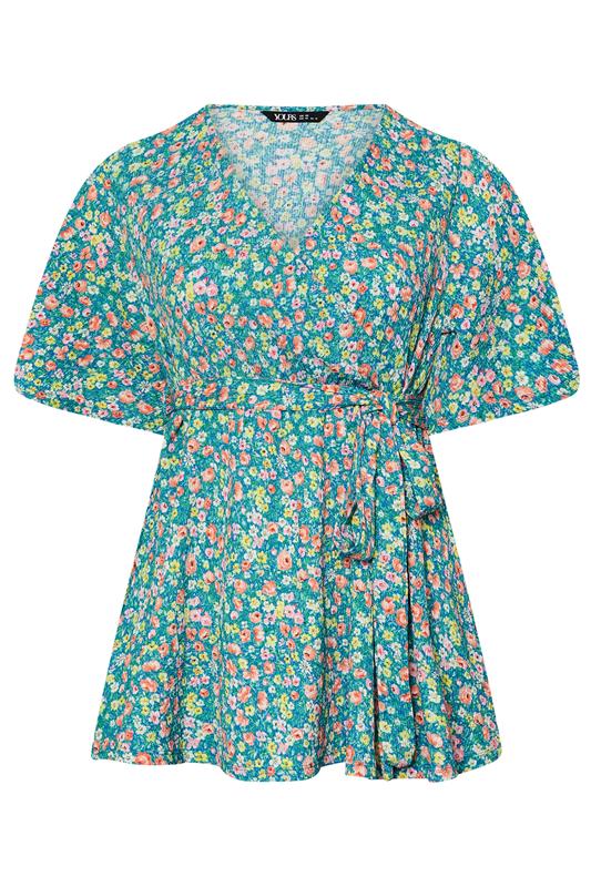 YOURS Plus Size Teal Blue Floral Wrap Textured Top | Yours Clothing 5