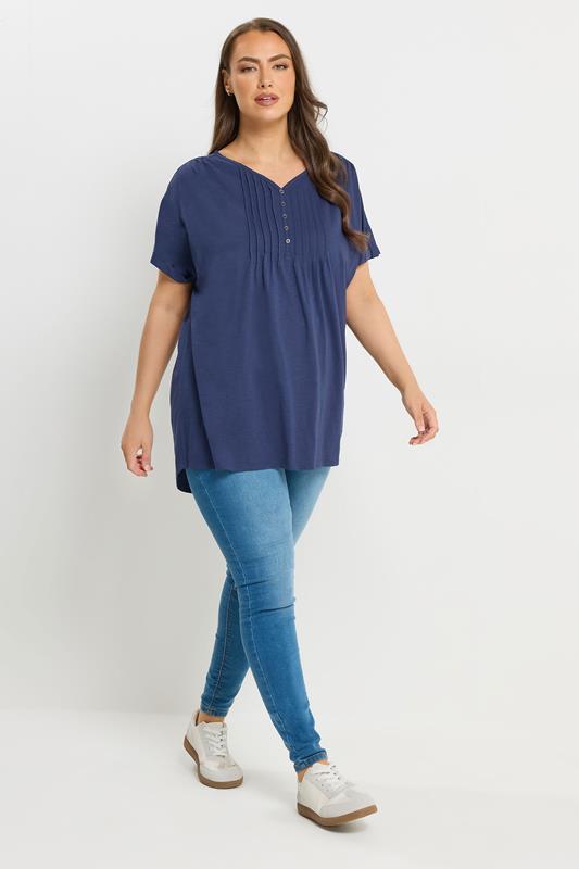 YOURS Plus Size Blue Pintuck Short Sleeve Henley Top | Yours Clothing 1