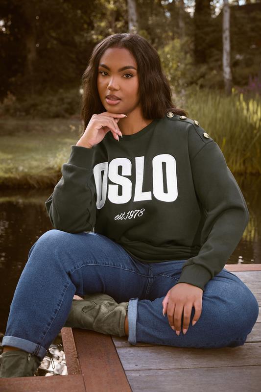 YOURS Plus Size Khaki Green 'Oslo' Slogan Sweatshirt | Yours Clothing 1