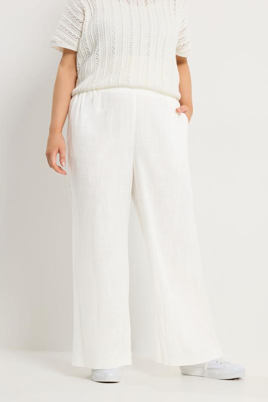 YOURS Curve White Linen Wide Leg Trousers
