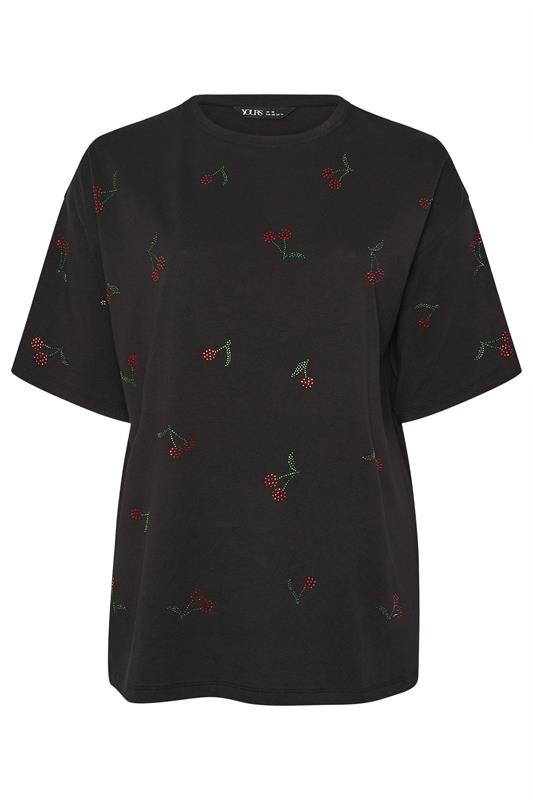 YOURS Plus Size Black Embellished Cherry Oversized T-Shirt | Yours Clothing 5