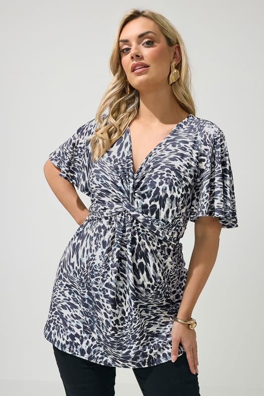 YOURS LONDON Curve Grey Animal Print Knot Detail Front Top