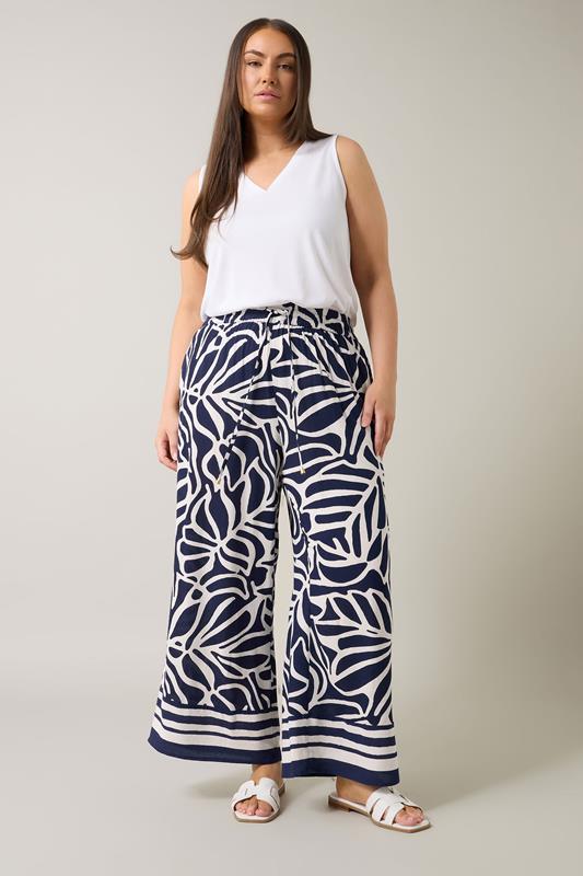 EVANS Plus Size Navy Blue Palm Border Print Trousers | Evans 6
