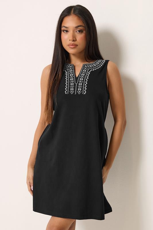  M&Co Petite Black Embroidered Notch Neck Cotton Midi Dress