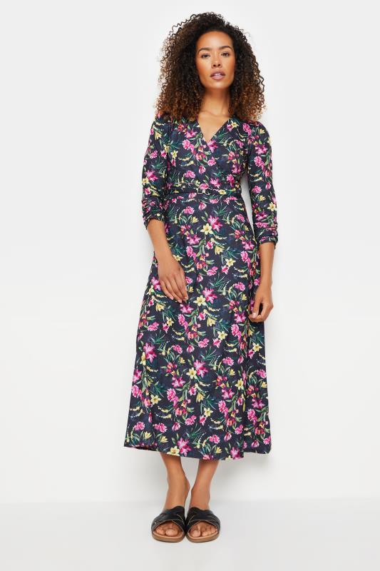 M&Co Navy Blue Floral Print Belted Wrap Midi Dress | M&Co 2