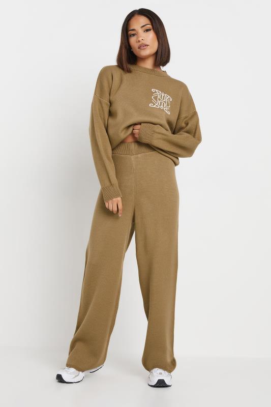 PixieGirl Petite Women's Beige Brown Knitted Wide Leg Trousers | PixieGirl 1