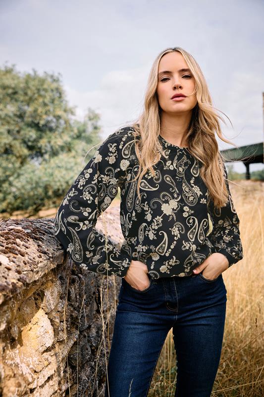 LTS Tall Black Paisley Placket Blouse | Long Tall Sally 1